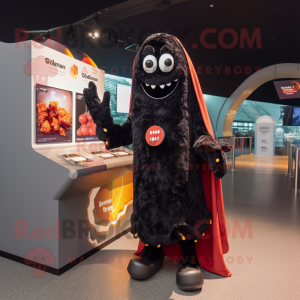 Black Currywurst mascot costume character dressed with a Bomber Jacket and Shawls