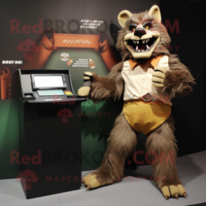 Tan Werewolf mascot costume character dressed with a Shift Dress and Wallets