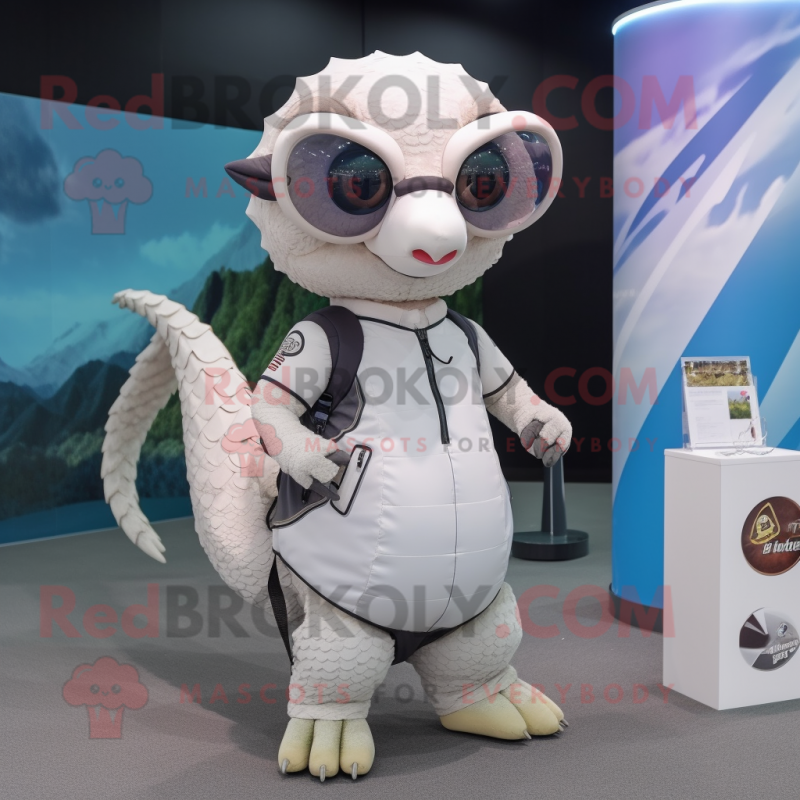 White Pangolin Mascot Costume Character Dressed With A T Shirt And Eyeglasses Mascot Costumes 6568