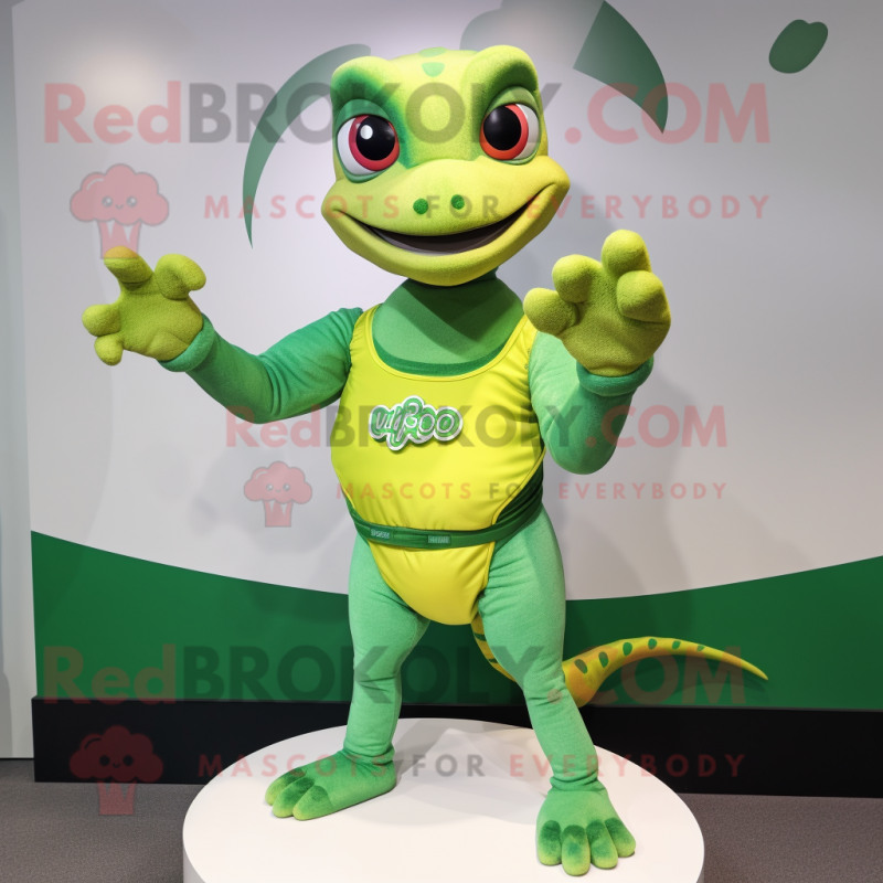 Green Geckos mascot costume character dressed with a Tank Top and Rings