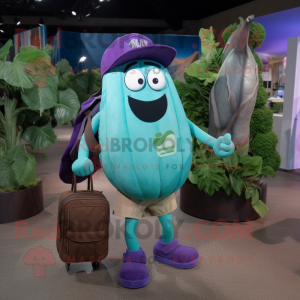 Cyan Eggplant mascot costume character dressed with a Cargo Shorts and Handbags