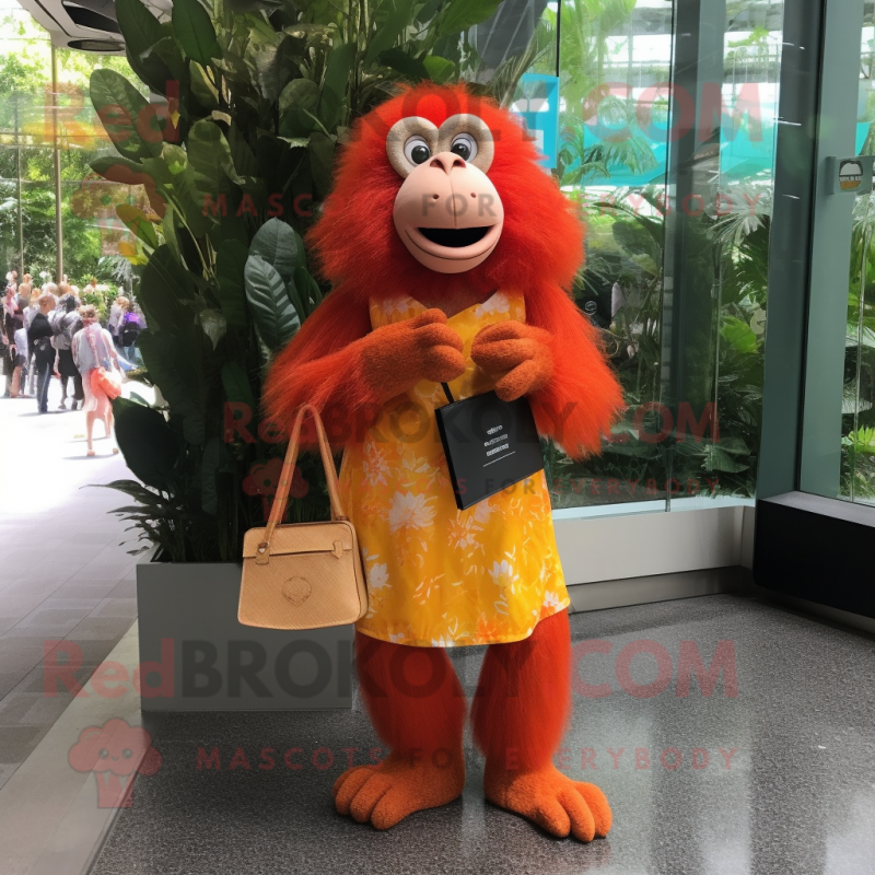 Orange Orangutan mascot costume character dressed with a Skirt and Clutch bags