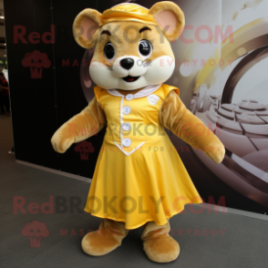 Gold Dormouse mascot costume character dressed with a Mini Dress and Caps