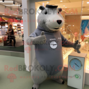 Gray Capybara mascot costume character dressed with a T-Shirt and Bracelet watches