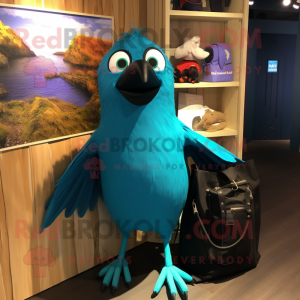 Cyan Blackbird mascot costume character dressed with a Bermuda Shorts and Tote bags