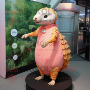 Peach Pangolin mascot costume character dressed with a Sheath Dress and Lapel pins