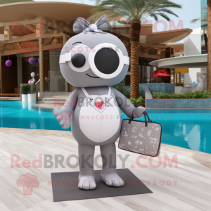 Gray Love Letter mascot costume character dressed with a One-Piece Swimsuit and Handbags