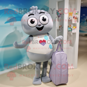 Gray Love Letter mascot costume character dressed with a One-Piece Swimsuit and Handbags