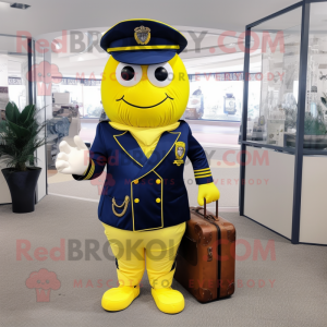 Lemon Yellow Navy Soldier mascot costume character dressed with a Suit Jacket and Handbags