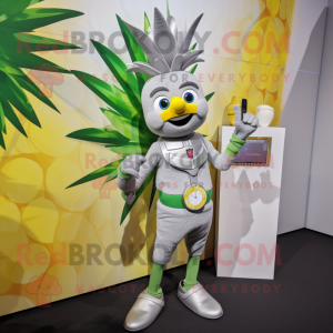 Silver Pineapple mascot costume character dressed with a Tank Top and Smartwatches