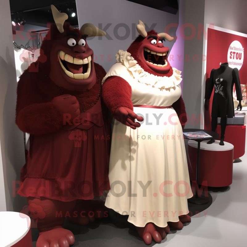 Maroon Ogre mascot costume character dressed with a Wedding Dress and Lapel pins