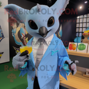Sky Blue Fruit Bat mascot costume character dressed with a Suit Jacket and Rings