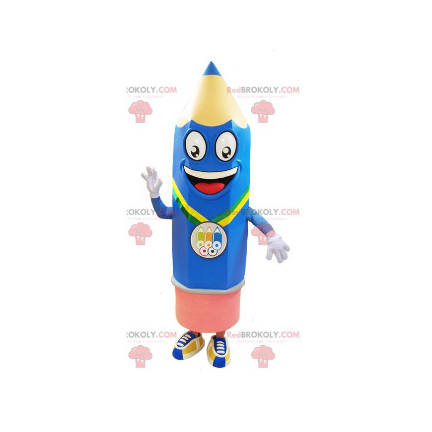 Mascot giant blue and pink pencil very smiling - Redbrokoly.com