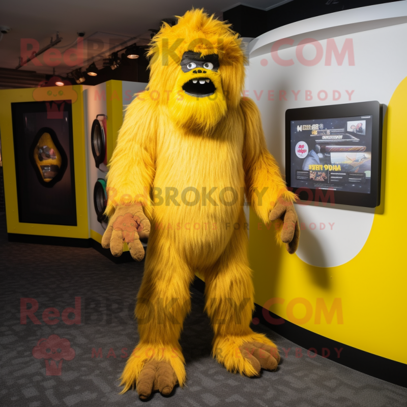 Yellow Sasquatch mascot costume character dressed with a Playsuit and Earrings