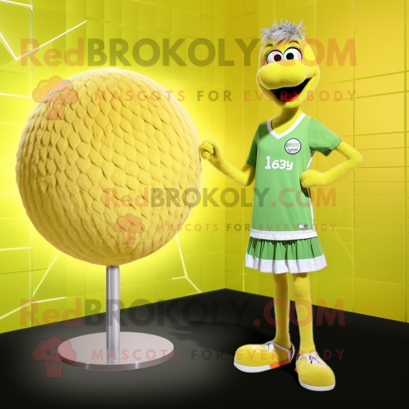 Lemon Yellow Emu mascot costume character dressed with a One-Piece Swimsuit and Rings