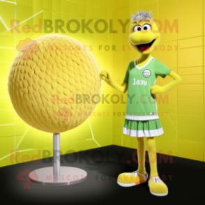 Lemon Yellow Emu mascot costume character dressed with a One-Piece Swimsuit and Rings