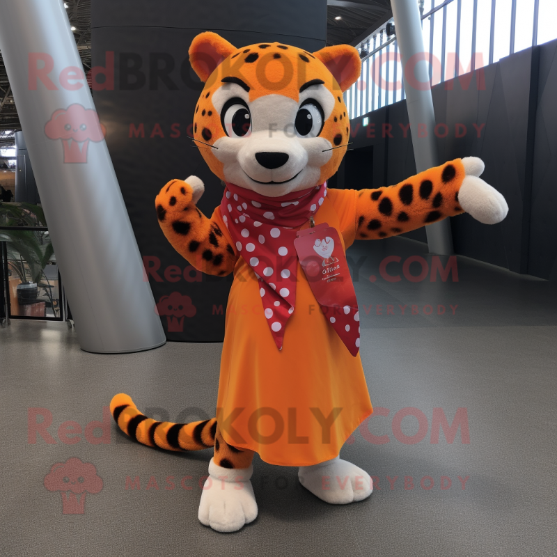 Orange Cheetah mascot costume character dressed with a A-Line Skirt and Scarves