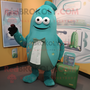 Teal Cucumber mascot costume character dressed with a Chinos and Wallets