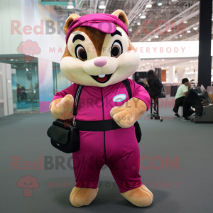 Magenta Chipmunk mascot costume character dressed with a Jumpsuit and Briefcases