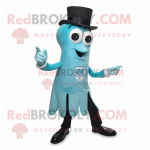 Cyan Fried Calamari mascot costume character dressed with a Suit Jacket and Shoe laces