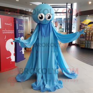 Sky Blue Octopus mascot costume character dressed with a Maxi Dress and Cummerbunds