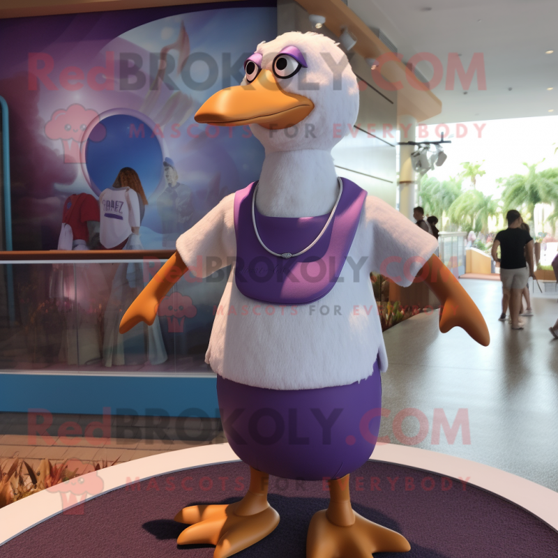 Purple Gull mascot costume character dressed with a Tank Top and Suspenders