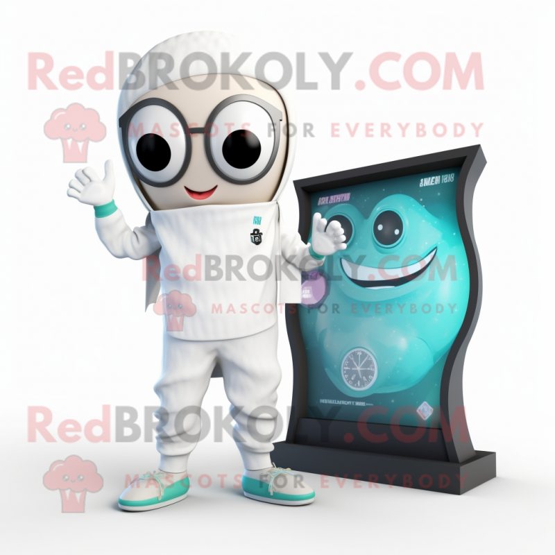 White Squid mascot costume character dressed with a Sweater and Digital watches