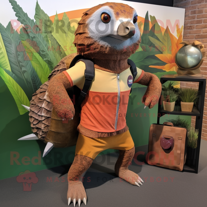 Rust Pangolin Mascot Costume Character Dressed With A Board Shorts And Messenger Bags Mascot 9415