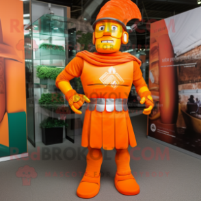 Orange Roman Soldier mascot costume character dressed with a Skinny Jeans and Shoe laces