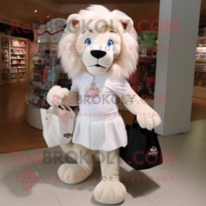 White Tamer Lion mascot costume character dressed with a Mini Skirt and Tote bags