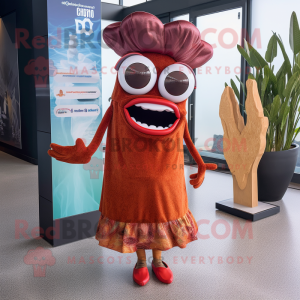 Rust Ceviche mascot costume character dressed with a Midi Dress and Eyeglasses