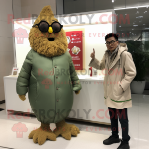 Olive Fried Chicken mascot costume character dressed with a Parka and Eyeglasses