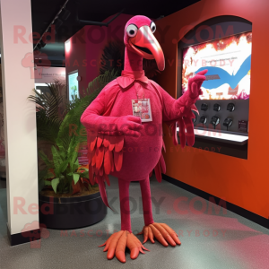 Maroon Flamingo mascot costume character dressed with a Rash Guard and Wraps