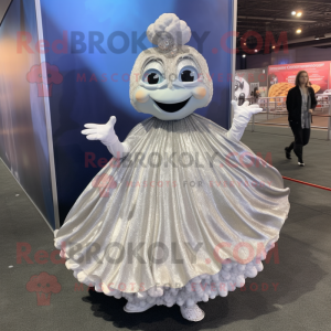 Silver Oyster mascot costume character dressed with a Evening Gown and Backpacks