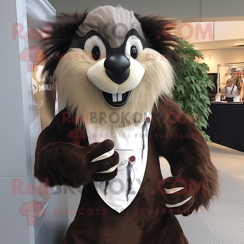 Brown Skunk mascot costume character dressed with a Waistcoat and Hairpins