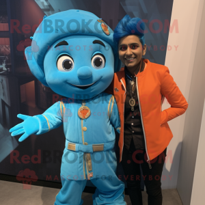 Cyan Tikka Masala mascot costume character dressed with a Leather Jacket and Keychains