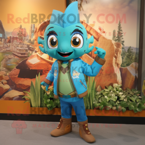 Cyan Tikka Masala mascot costume character dressed with a Leather Jacket and Keychains