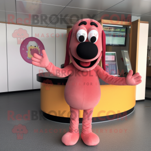 Pink Hot Dog mascot costume character dressed with a Romper and Bracelet watches