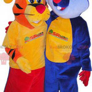 2 maskotar: en orange tiger och en blå kanin - Redbrokoly.com