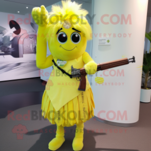 Lemon Yellow Sniper mascot costume character dressed with a Wrap Skirt and Hair clips