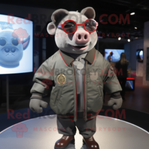 Silver Sow mascot costume character dressed with a Bomber Jacket and Eyeglasses