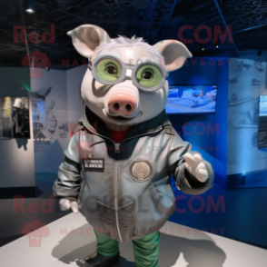 Silver Sow mascot costume character dressed with a Bomber Jacket and Eyeglasses