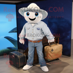 White Stingray mascot costume character dressed with a Denim Shirt and Briefcases