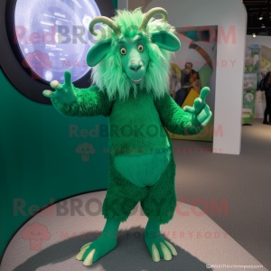 Personaje de disfraz de mascota de cabra de angora verde vestido