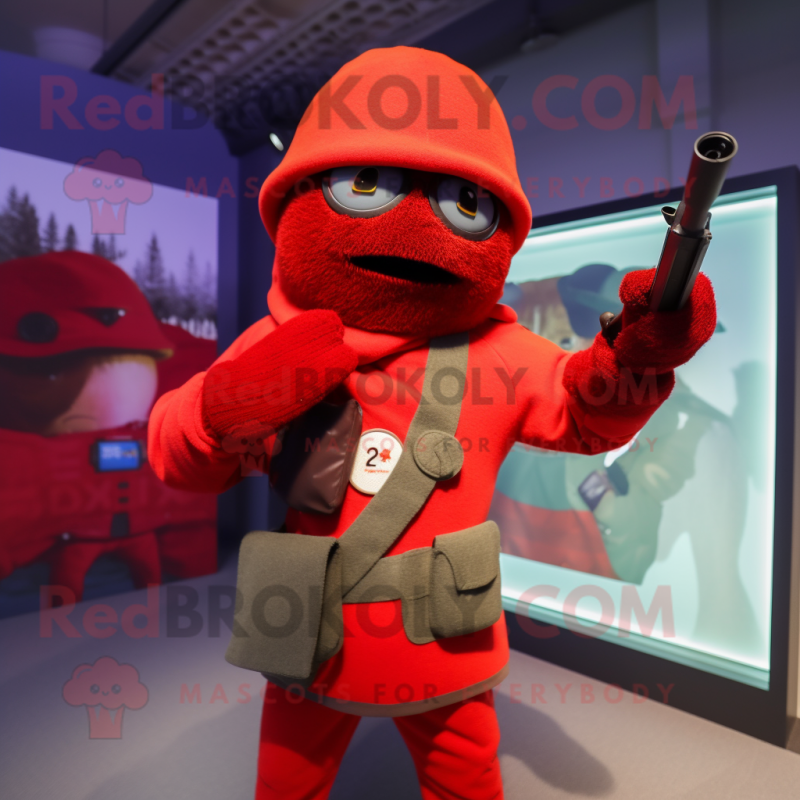Red Sniper mascot costume character dressed with a Sweater and Caps