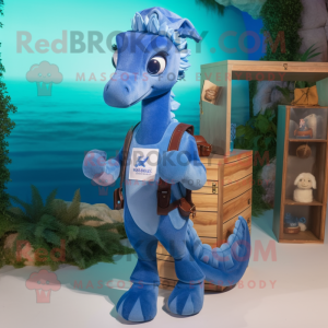 Blue Seahorse mascot costume character dressed with a Cargo Shorts and Wallets