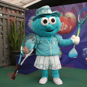 Teal Tennis Racket mascot costume character dressed with a Button-Up Shirt and Shawls