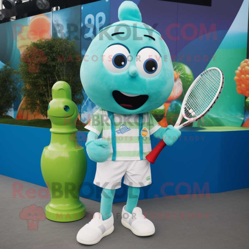 Teal Tennis Racket mascot costume character dressed with a Button-Up Shirt and Shawls