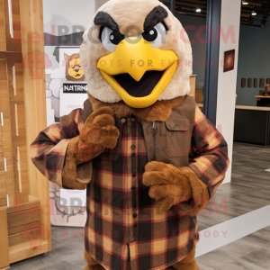 Brown Eagle mascot costume character dressed with a Flannel Shirt and Scarves