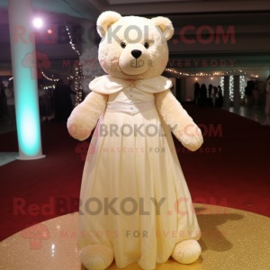 Cream Teddy Bear mascot costume character dressed with a Evening Gown and Shoe laces